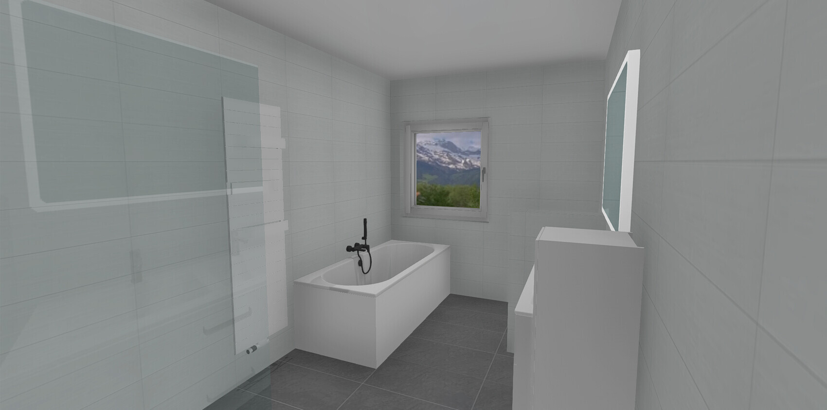 Modernes Badezimmer mit Badewanne, Glasdusche, Waschbecken; Fenster mit Bergblick.