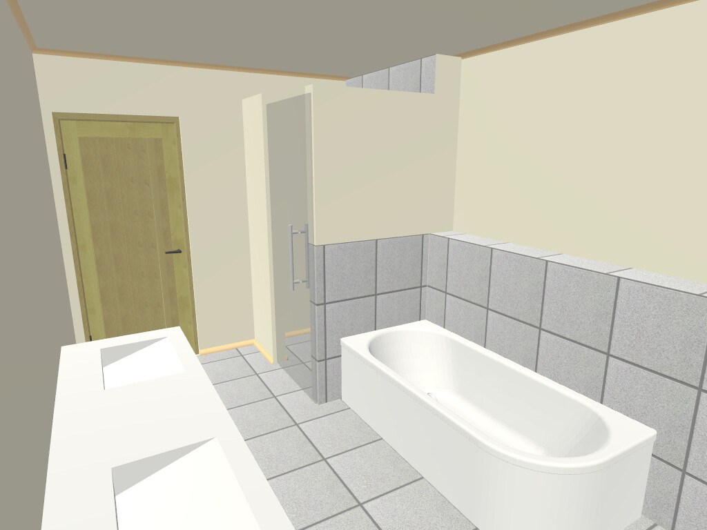 3D-Badezimmer-Entwurf mit Badewanne, Waschbecken und grauen Fliesen