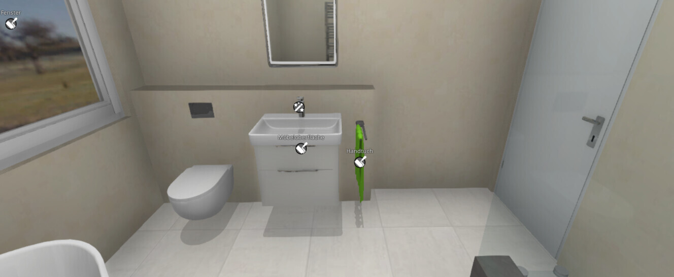 Helles Badezimmer mit Toilette links, Waschbecken, Spiegel, Fenster und grünem Handtuch.