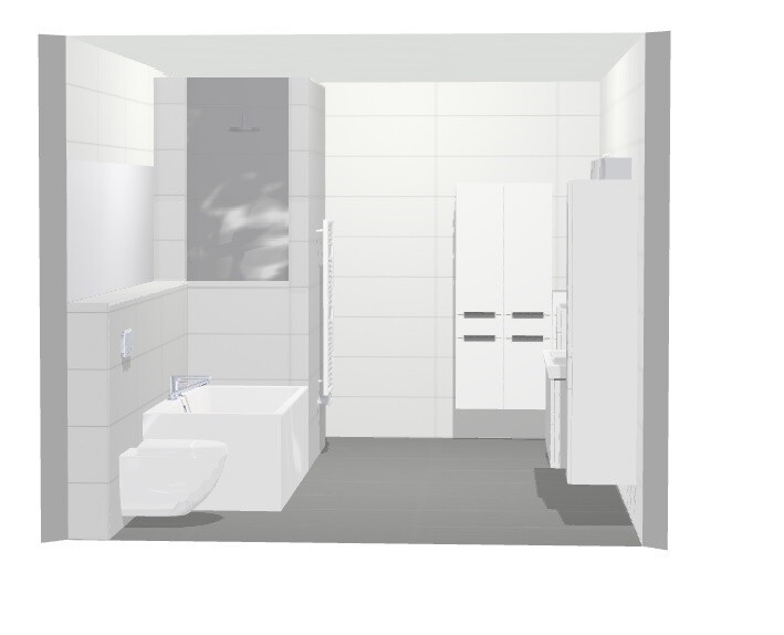 3D-Modell eines modernen Badezimmers mit Badewanne, Toilette und Waschtisch