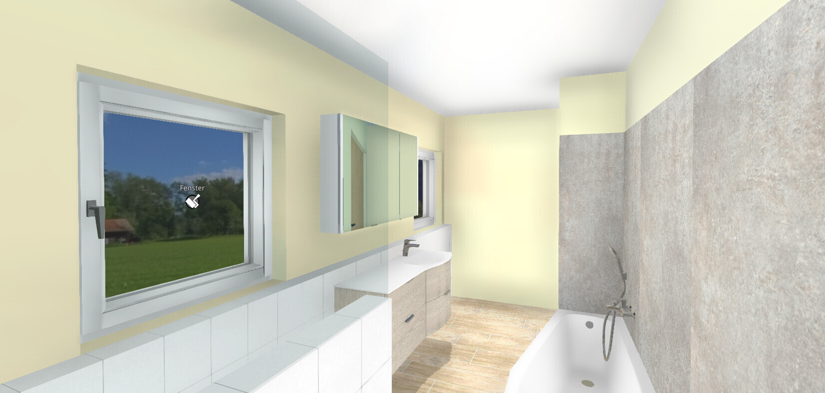 Helles Badezimmer: gelbe Wände, Waschbecken mit Unterschrank, Spiegelschrank, Badewanne, Fenster.