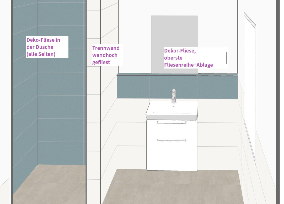 Badezimmer: Dusche links mit blauen Fliesen, hoch geflieste Trennwand, weiße Waschtisch-Kommode.