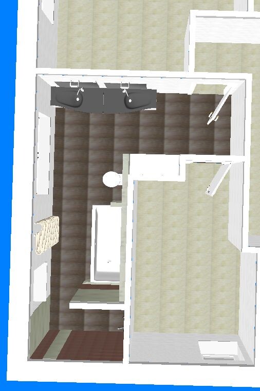 3D-Badraum mit Badewanne und Doppelwaschtische im Grundriss