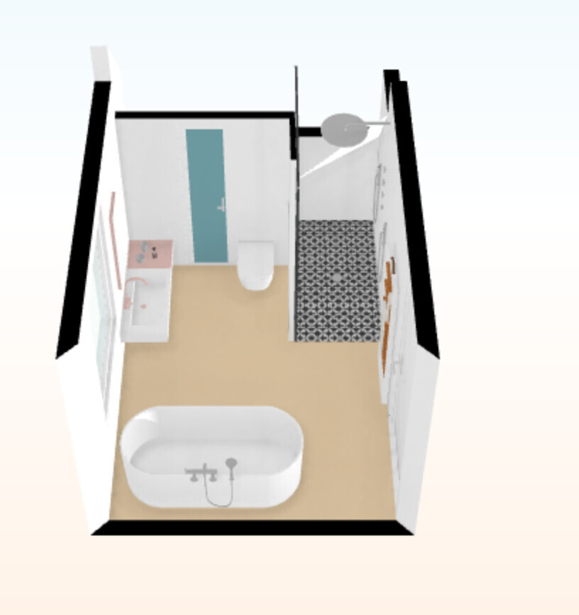 3D-Bad: freistehende Badewanne, Waschbecken, Toilette, Dusche mit Musterfliesen, blaue Tür.