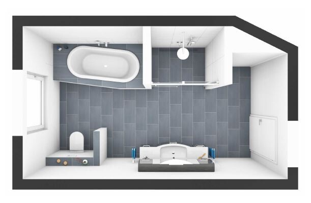Draufsicht eines modernen Badezimmers mit Badewanne, Dusche, Toilette und Waschbecken.