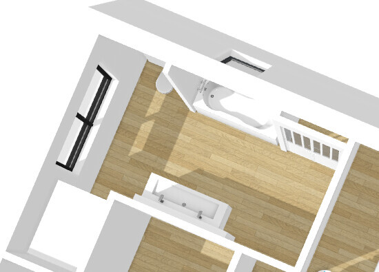 3D-Grundriss eines Badezimmers mit Dusche, Toilette und Doppel-Waschbecken auf Holzfußboden.