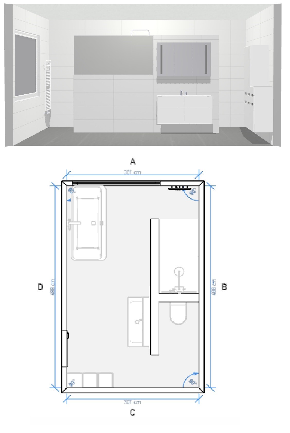 3D-Badraum mit Waschbecken, Badewanne links und Toilette rechts, Grundriss darunter