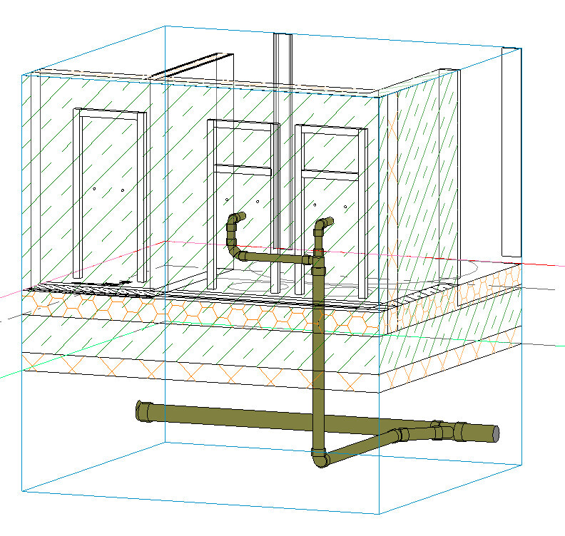 3D-Diagramm einer Badezimmer-Sanitaerinstallation mit Rohren unter dem Boden