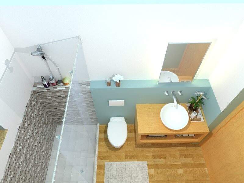 3D-Bad mit Dusche, Toilette und Waschtisch in modernem Design