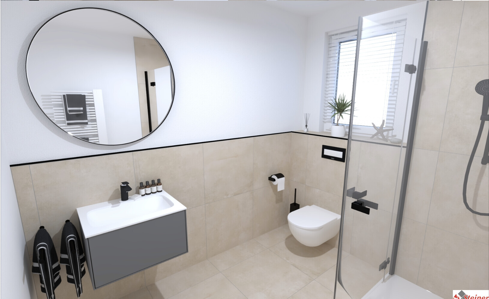 Moderne Badezimmeransicht mit Waschbecken, Toilette, Dusche und runden Spiegel