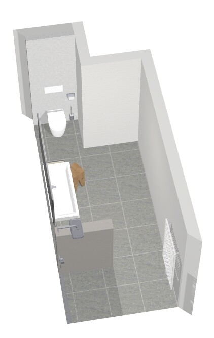 Kleines, schmales Badezimmer mit Toilette hinten, Waschbecken, Duschabtrennung und Heizkörper.