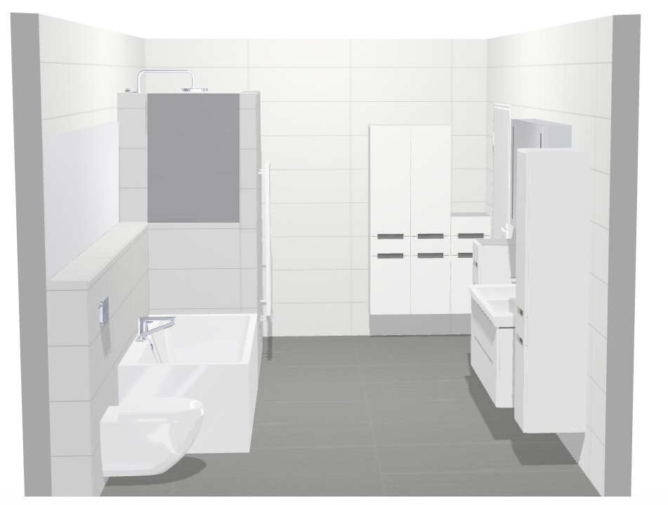 Modernes 3D-Badezimmer mit Badewanne, Toilette, Waschbecken und Schränken in hellen Fliesen.