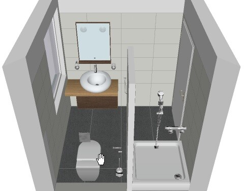 3D-Bad mit Toilette, Waschtisch auf Holzunterbau und Glasdusche