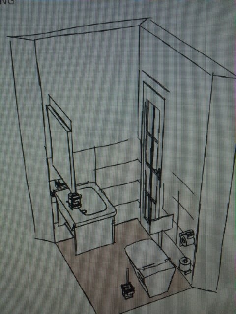 3D-Badzimmer-Skizze mit Waschbecken, Spiegel und Toilette