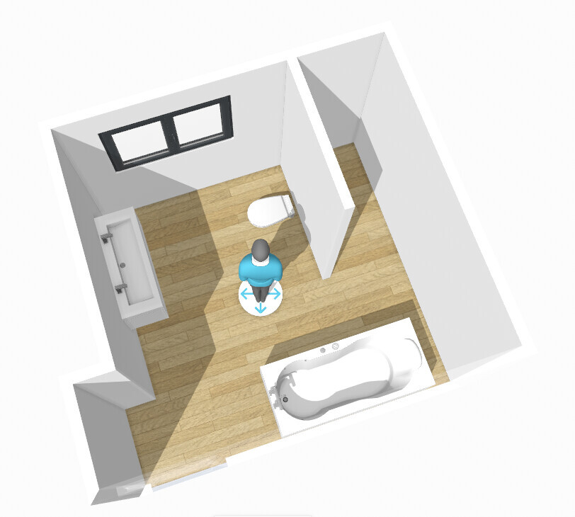 3D-Badezimmer-Grundriss mit Person auf Marker; Waschbecken, Toilette, Badewanne, Fenster.