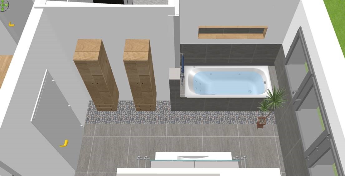 3D-Badraum mit Badewanne, dunkler Fliesenwand, Holzschränken und Pflanze
