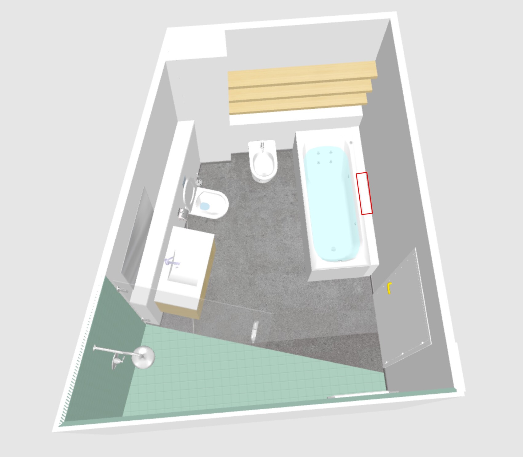 3D-Badezimmer-Plan mit Badewanne, Toilette und Waschbecken, Planungsansicht