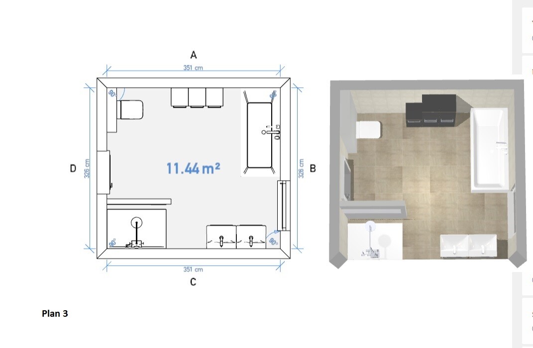 3D-Badlayout mit Badewanne und Doppelwaschbecken in Badezimmer-Plan
