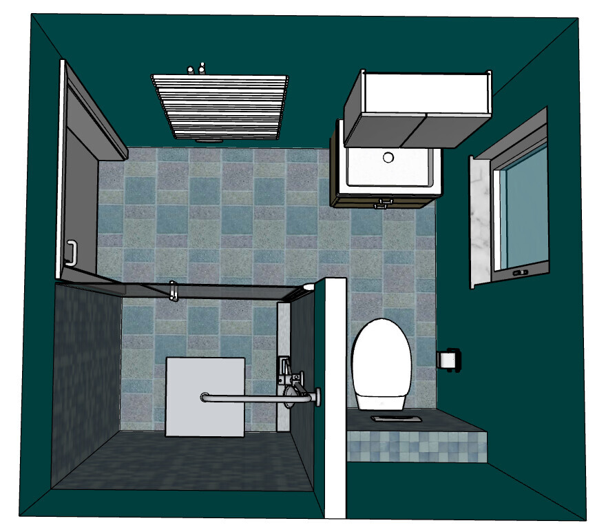 Ansicht eines Badezimmers von oben: Dusche links, WC rechts, Waschbecken mit Unterschrank, Fenster.