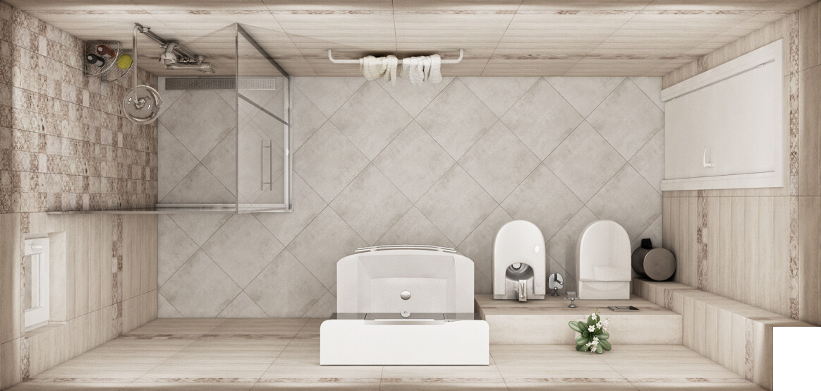 Vogelperspektive eines modernen Badezimmers mit Dusche, Toilette, Bidet und Blumenstrauß.