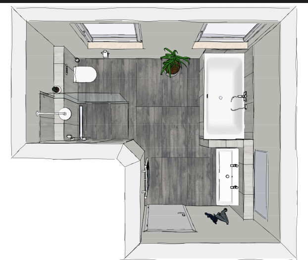 Badezimmer-Layout: Dusche links, Toilette oben links, Badewanne rechts, Waschbecken, Pflanze, Hund.