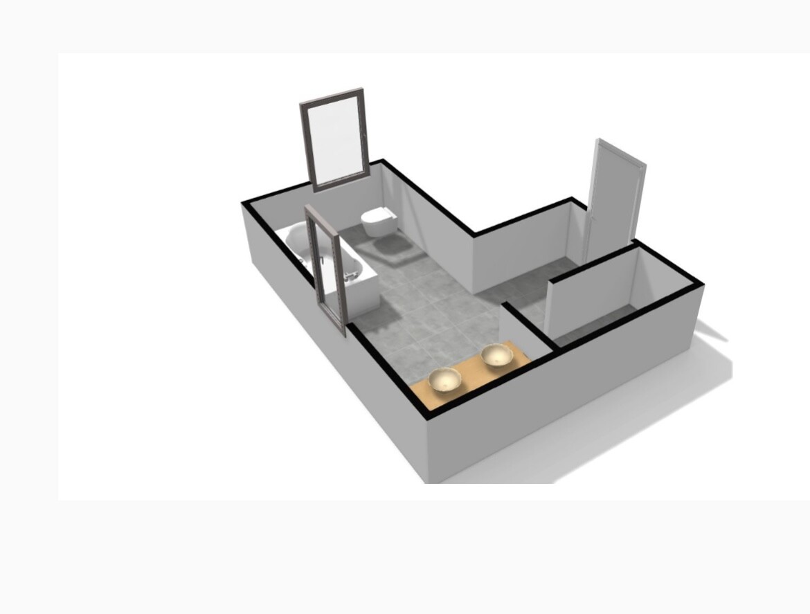3D-Grundriss eines Badezimmers mit Badewanne, Toilette und Doppelwaschtisch