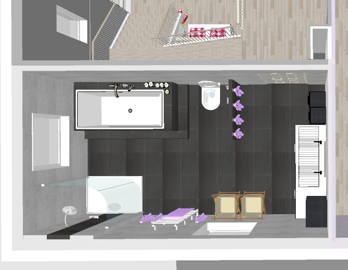 3D-Bad mit Badewanne, Dusche, WC und Waschbecken im Grundriss sichtbar