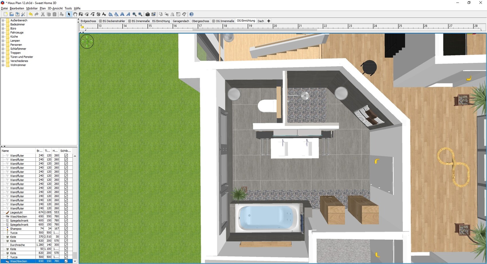3D-Bad und Toilette Grundriss mit Badewanne, Waschbecken und Dusche
