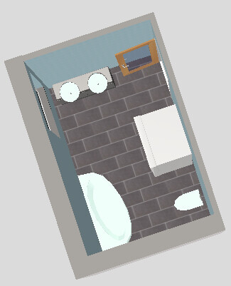 Isometrischer 3D-Badgrundriss mit Waschbereich, Dusche und Toilette