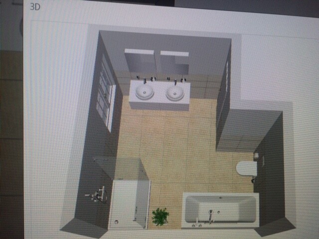 3D-Badezimmergrundriss mit Waschbecken, Dusche, Badewanne und Toilette