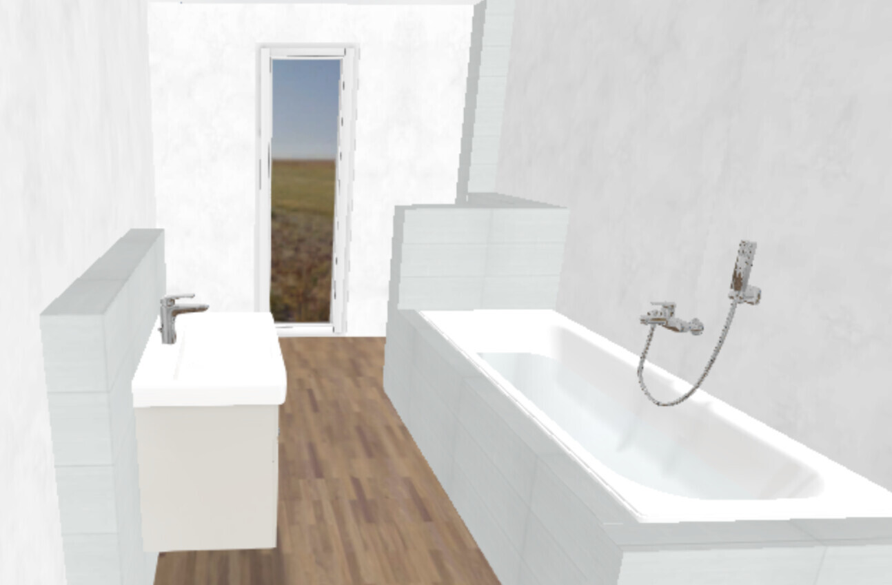 Helles Badezimmer mit Waschbecken links, Badewanne rechts, Holzboden und Tür mit Blick ins Feld
