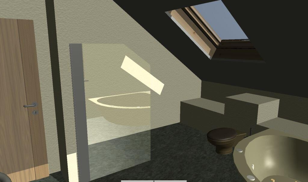 Dachgeschoss-Badezimmer mit Badewanne, Toilette, Glaswand und Dachfenster