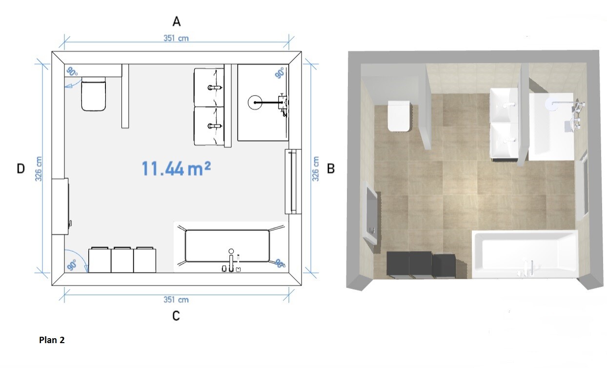 3D Bad und Toilette im Grundriss eines kleinen Apartments