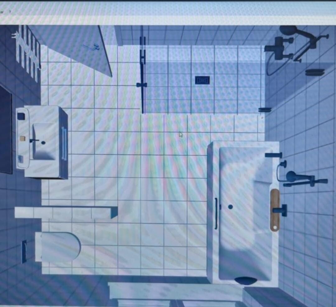 3D-Bad mit Dusche, Badewanne, Waschbecken und Toilette in kleinem Raum