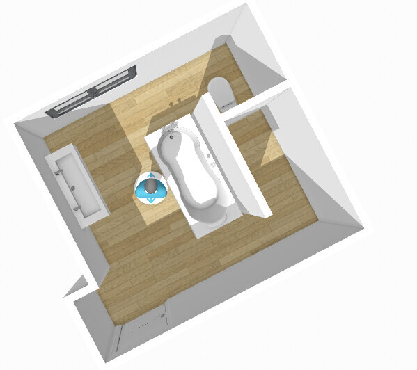 3D-Badgrundriss mit Badewanne in der Mitte, Waschbecken links, Toilette rechts, Holzboden.