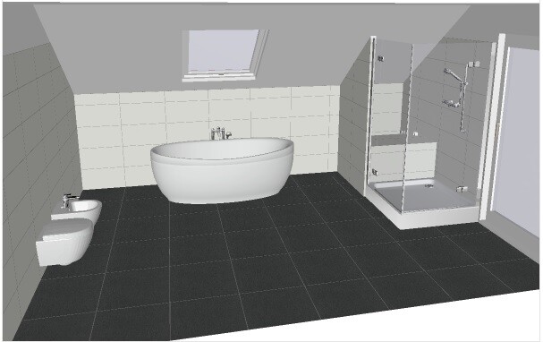 Badezimmer mit freistehender Badewanne, WC und Bidet links, Glasdusche rechts.