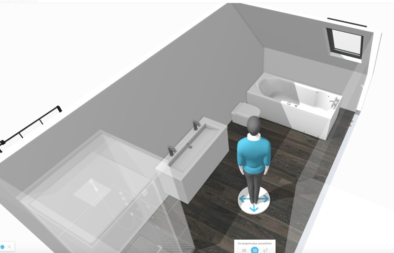 3D-Badezimmer mit Dusche, Waschbecken, WC und Badewanne; Person auf runder Plattform.