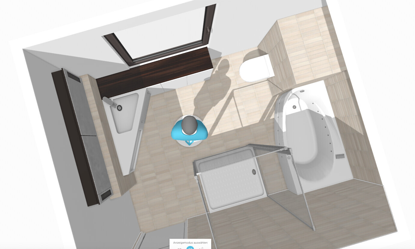 Draufsicht auf modernes Badezimmer mit Badewanne, Dusche, Waschbecken, Toilette und Person.