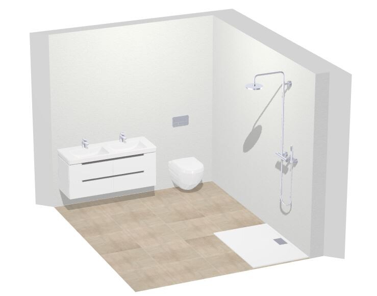 3D-Modell eines modernen Badezimmers mit Waschbecken, Toilette und Dusche