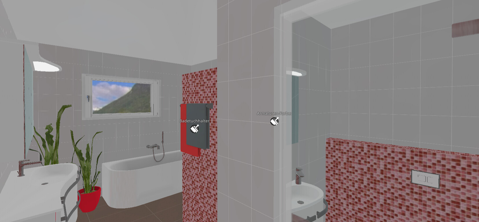 Modernes Badezimmer: graue Fliesen, rote Mosaikwand, Badewanne, Waschbecken, Pflanze und Fenster