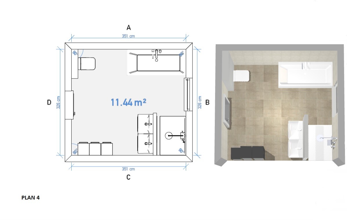 Badezimmer Grundriss und 3D-Ansicht mit Badewanne Waschbecken Toilette