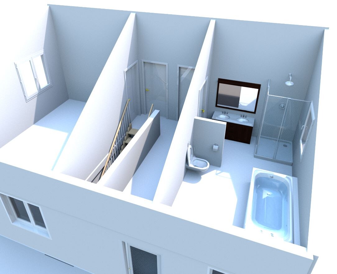 3D-Badzimmer mit Dusche, Toilette, Waschbecken und Badewanne in einer Raumansicht