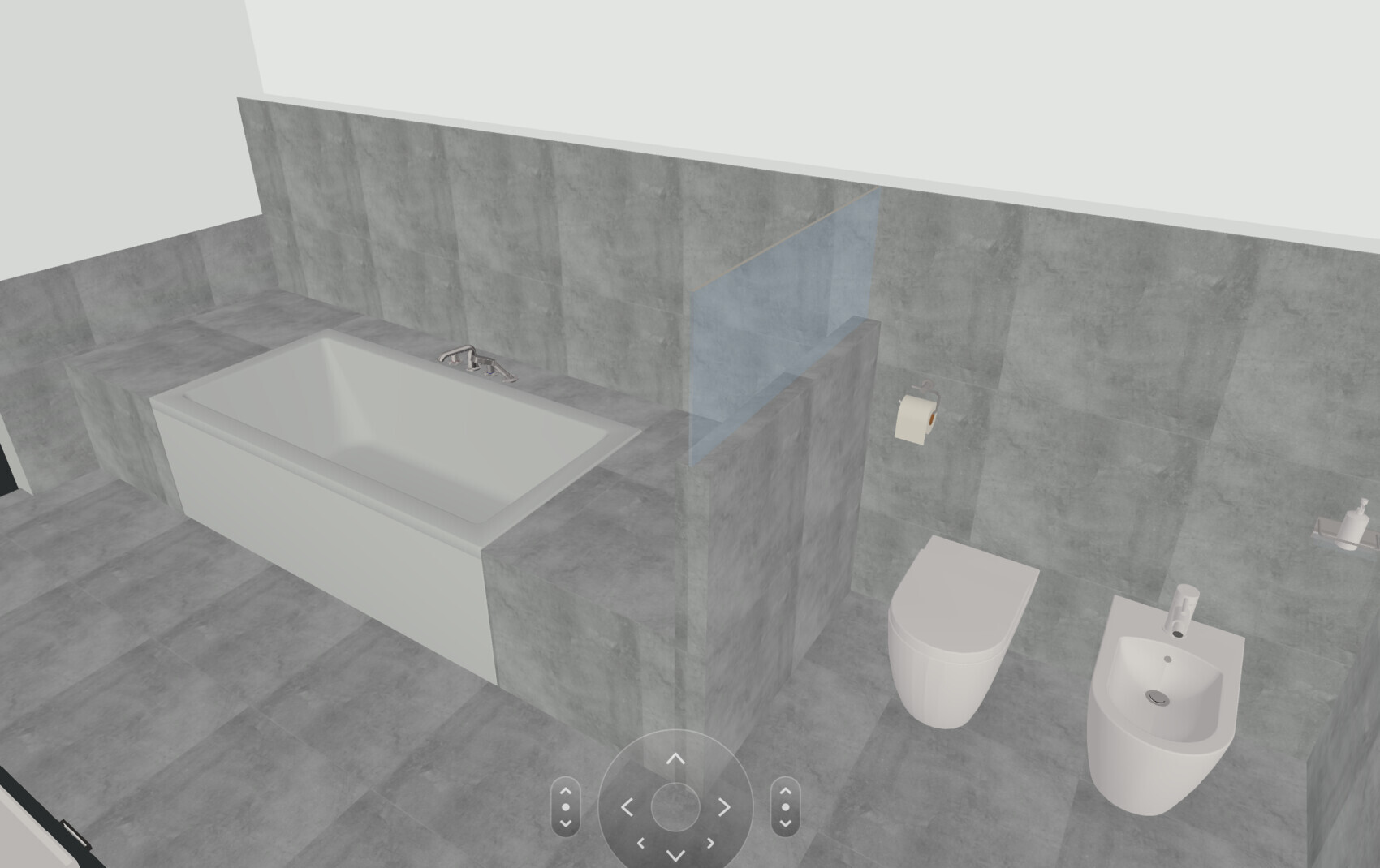 3D-Badzimmer mit eingebauter Badewanne, Toilette und Bidet in grauen Fliesen