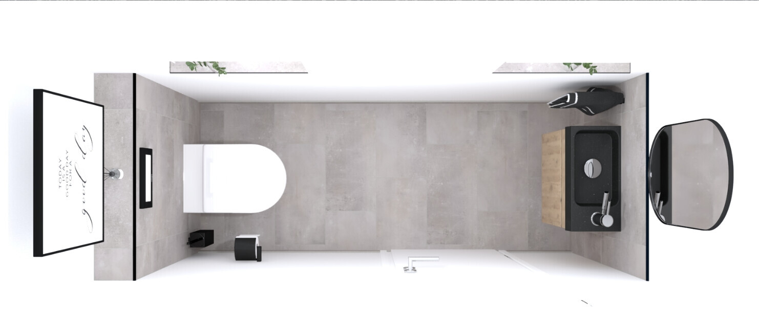3D-Badraum mit Toilette, Waschbecken und Spiegel in moderner Gestaltung.