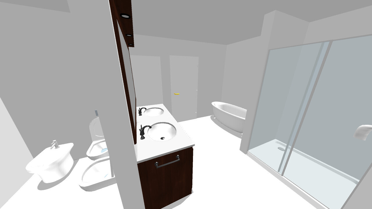 Moderne Badezimmeransicht mit Doppelwaschbecken, freistehender Badewanne, Dusche und Toilette.