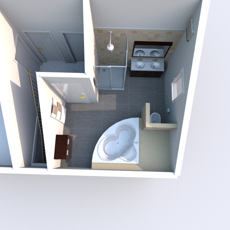 3D-Badzimmer-Layout mit Badewanne, Dusche, Waschbecken und Toilette