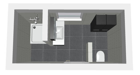 3D-Badraum mit Badewanne, Waschbecken, Toilette und Unterschrank