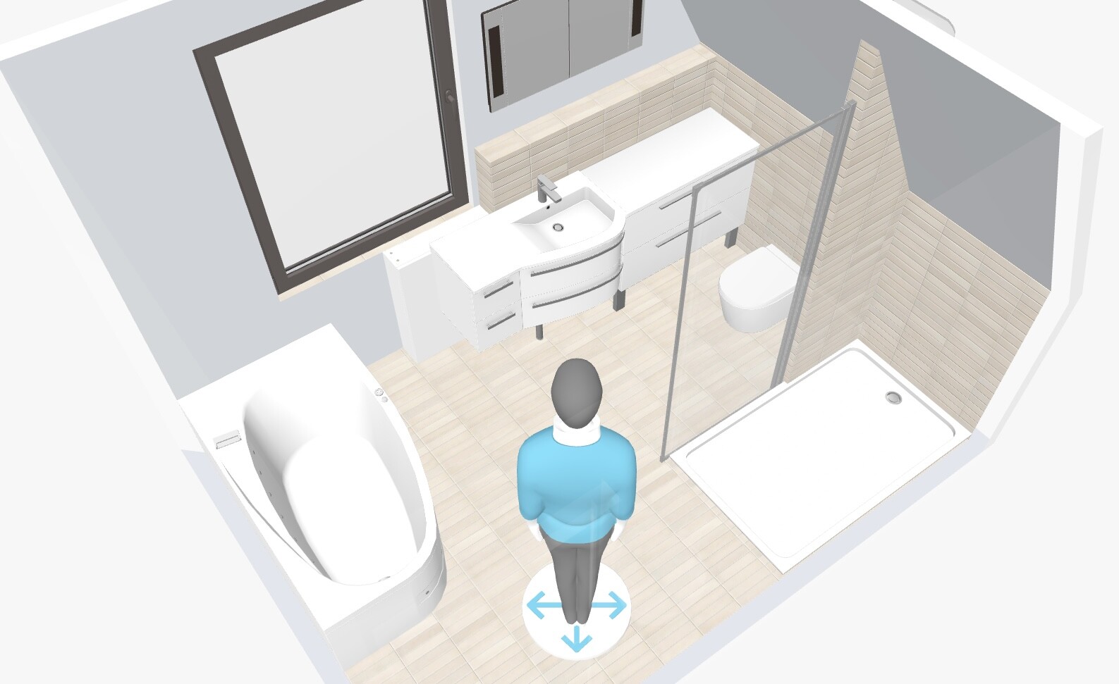 3D-Badezimmer: stehende Person vor Waschtisch, Badewanne links, Dusche rechts, Fenster.