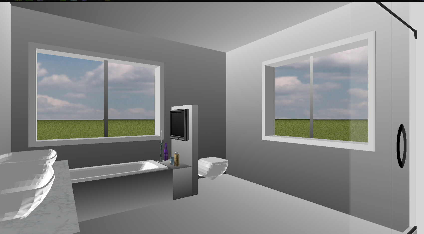3D-Badzimmer mit Badewanne, Toilette und zwei großen Fenstern
