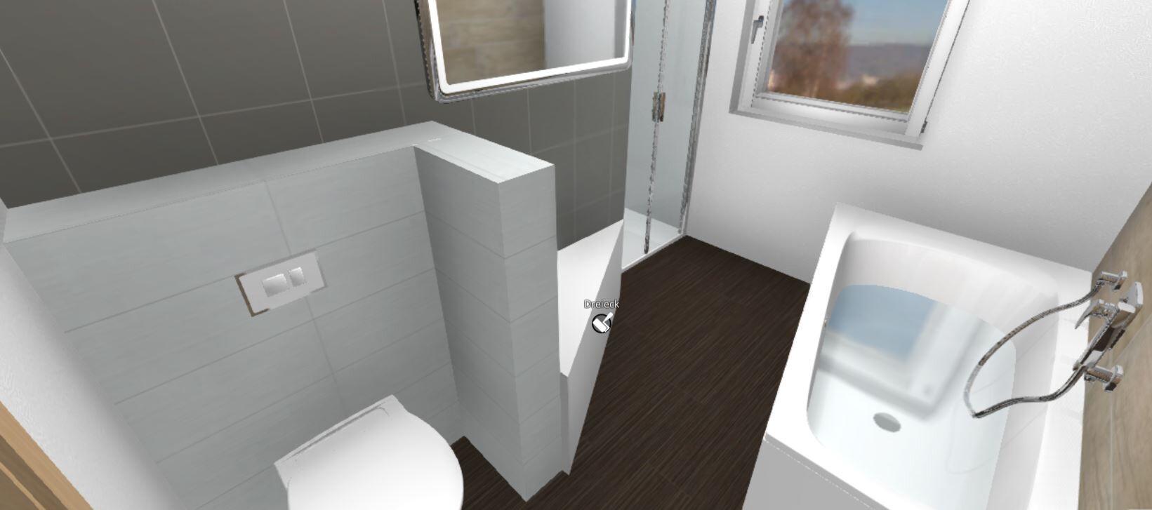 Moderne Badezimmer-Szene: Toilette links, Dusche, Badewanne rechts, Fenster, dunkler Holzboden.